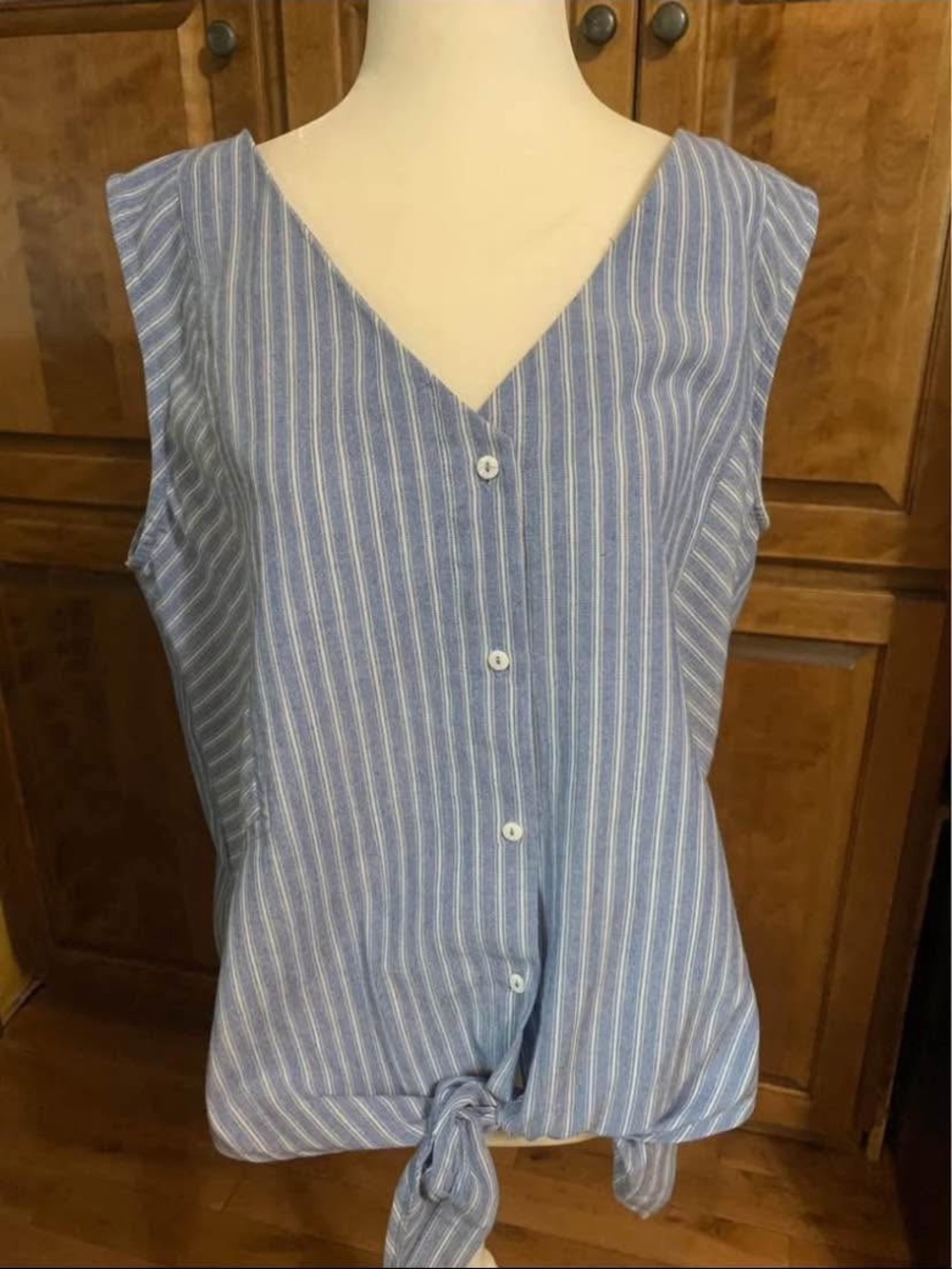 Larr Fashion western Womens XL Blue White Vertical Striped Cropped Tied Blouse